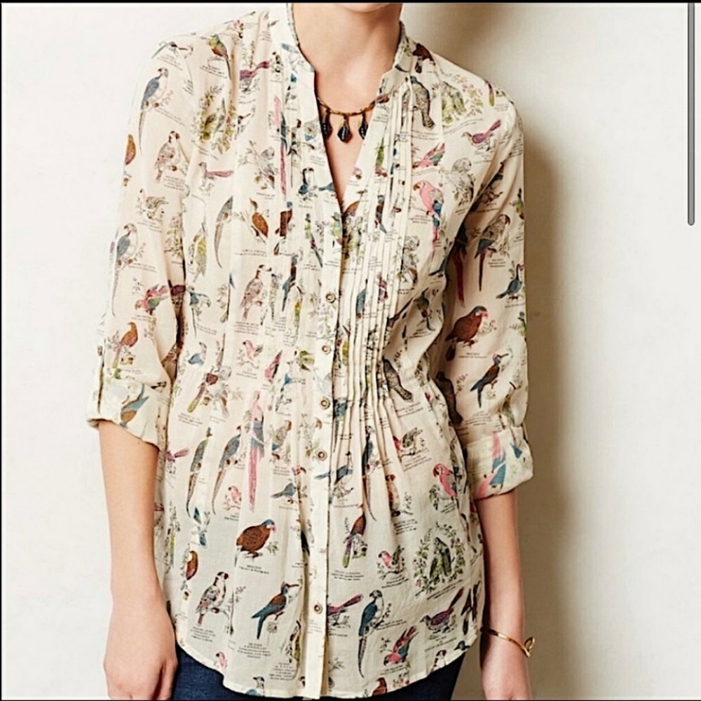 Rare Anthropologie Maeve Cream Bird-Print Button Front Blouse